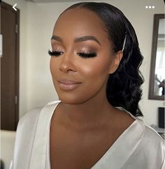 Sleek Bridal Bun Black Women, Silver Soft Glam Makeup Black Women, Glam Bridal Makeup Black Women, Soft Glam Bridesmaid Makeup Black Women, Black Bride Makeup Wedding Glam, Bridal Black Women, Soft Glam Bridal Makeup Black Women, Black Woman Wedding Makeup