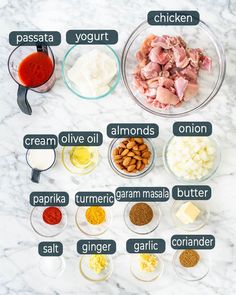 the ingredients for this recipe include chicken, cream, olive oil, almonds, turment, garlic, and seasoning