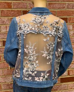 Jean Jacket Made to Order Sheer Embroidered Lace, Boho Wedding Denim Crop Jacket, Vacation Unique Clothing, Custom Oversized Denim Jacket                           HOW THIS WORKS: Option 1: You provide (ship) your jacket, and I will customize it.                 You will be charged only for the customization work you selected. Option 2: I purchase a jacket on your behalf and customize it.                 You will be charged for the actual jacket price (prices vary,                 depending on b Denim Crop Jacket, Ropa Upcycling, Custom Jean Jacket, Thml Clothing, Upcycled Denim Jacket, Embroidered Jean Jacket, Bridal Jacket, Custom Jeans, Denim Ideas