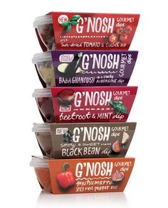 five boxes of g'nosh are stacked on top of each other in the same row