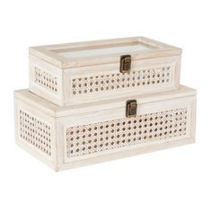 two white wooden boxes with handles on each one and an intricate design in the middle