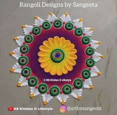 rangoli designs by sangeeta with colorful flowers and circles on the floor for diwaling