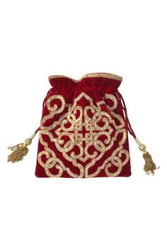 Shop for Kokommo Emblem Velvet Potli Bag Online at Aza Fashions Festive Red Shoulder Bag As Gift, Red Shoulder Bag For Festive Gift, Festive Red Shoulder Bag For Gifts, Elegant Embroidered Ceremonial Bags, Elegant Red Embroidered Potli Bag, Elegant Embroidered Red Potli Bag, Festive Gold Potli Bag With Tassels, Festive Evening Potli Bag With Latkans, Traditional Gold Embroidered Potli Bag For Formal Occasions