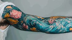 Detailed sleeve tattoo with ocean waves and coral designs in blue, turquoise, pink, and orange colors. Nautical Themed Tattoos, Ocean Themed Tattoos, Ocean Sleeve Tattoos, Japanese Hand Tattoos, Ocean Sleeve, Themed Tattoos, Coral Design, Tattoo Art Drawings, Tattoo Design Drawings