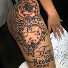 a woman's leg with a tattoo on it and an image of a clock