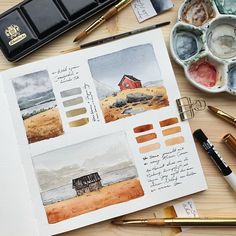 some watercolor paints and other items on a table