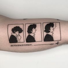 a man's arm with three different pictures on it and the words see you space cowboy