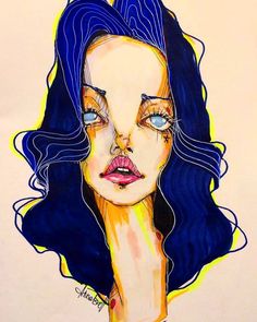 a drawing of a woman with blue hair