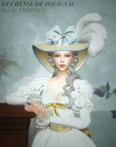 a painting of a woman wearing a white dress and large hat with bows on her head