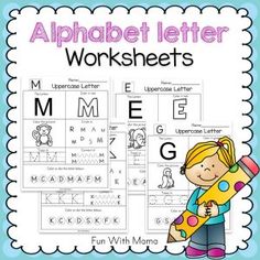 an alphabet letter worksheet with a girl holding a large pencil and writing letters