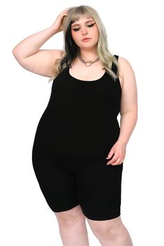 Signature Biker Short Romper Casual Black Unitard For Summer, Casual Black Summer Unitard, Black Stretch Unitard For Summer, Casual Stretch Unitard For Summer, Black Stretch Short Bodysuit, Casual Stretch Seamless Unitard, Trendy Stretch Bodysuit Short Length, Trendy Stretch Bodysuit In Short Length, Trendy Short-length Stretch Bodysuit