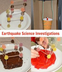 there are pictures of different things made out of paper plates and sticks that say, earthnuke science investigatestations