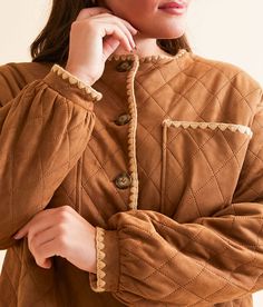 Miss Me Quilted Jacket - Brown Small, Women's Camelbrown Faux suede button down embroidered trim jacket Bust measures 42 on size small Body length 19 on size small. Layering piece(s) and/or accessories sold separately.. 100% Polyester. Do not wash. Do not wring. Dry clean only. Iron inside out with low heat. Apparel & Accessories > Clothing > Outerwear > Coats & Jackets Brown Quilted Jacket With Padded Collar For Fall, Brown Quilted Jacket For Fall Workwear, Brown Long Sleeve Quilted Jacket For Fall, Brown Long Sleeve Quilted Jacket With Pockets, Brown Long Sleeve Quilted Jacket For Work, Brown Long Sleeve Quilted Jacket For Spring, Brown Quilted Long Sleeve Jacket For Spring, Fall Quilted Jacket With Corduroy Collar And Long Sleeves, Fall Quilted Jacket With Corduroy Collar