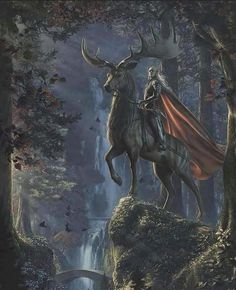 a painting of a man riding on the back of a deer in front of a waterfall