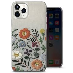 an iphone case with flowers and leaves on the front, next to an iphone 11