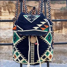 This Backpack Is The Beautiful Example Of Kilim Which Is A Type Of Textile Where The Black Sea People Have Been Using As Their Clothing For Centuries As Part Of Their Culture. This Handmade Bag Will Comfortably Fit Up To A 12” Ipad Or 12” Laptop In The Main Compartment And Has Plenty Room To Hold A Wallet, Phone And Keys In Its Front Pockets! Features: This Backpack Is Detailed With Kilim Cover. It Has A Wooden Decorative Button. This Backpack Is Featured With Touch And Close Fastener And Also S Handmade Black Travel Backpack, Handmade Black Backpack For Travel, Pastel Backpack, Hippie Backpack, Handmade Backpack, Boho Hippie Style, Types Of Textiles, Handmade Backpacks, Indian Prints