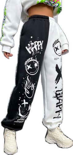 Winter White Sweatpants With Letter Print, White Letter Print Sweatpants For Winter, Trendy White Sweatpants With Letter Print, Baggy White Sweatpants For Winter, White Hip Hop Sweatpants With Letter Print, Spring White Color Block Pants, Trendy Baggy White Sweatpants, Trendy White Baggy Sweatpants, Casual White Patchwork Pants