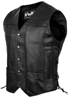 HWK Motorsports Men's Leather Motorcycle Riding Vest Black Size 5XL Top Highlights: Genuine Leather. This biker vest is made from 1.1 to 1.2mm thick premium cowhide leather, with a strong and comfortable water resistant 100% polyester membrane. Great for every weather and season Adjust Easily. The black motorcycle leather vest for men has metal YKK zippers for pocket closure, stainless steel snap on buttons for front closure, and adjustable leather side laces for making quick and secure adjustme Motorcycle Leather Vest, Motorbike Riding, Enduro Motocross, Riding Vest, Leather Biker Vest, Vest For Men, Motorcycle Pants, Motorcycle Jacket Mens, Motorcycle Vest