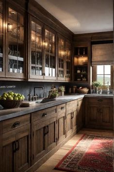 a kitchen filled with lots of wooden cabinets and counter top space next to a rug