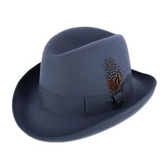 This Homburg Hat Is Lightweight For All Day Wear And Also Has A Matching Grosgrain Hatband. It Comes With A Removeable Feather And Also Has A Lined Interior. There Is A 2.5-Inch Brim And This Hat Is Great For Any Special Occasion. Removeable Feather. Grosgrain Hatband. Lined Interior. 2.5-Inch Brim. Lightweight. Kentucky Derby Top Hat With Flat Bill, Winter Fitted Flat Bill Hats, Classic Top Hat For Kentucky Derby, Classic Flat Bill Hats For Kentucky Derby, Classic Blue Winter Hat, Formal Flat Bill Felt Hat For Kentucky Derby, Winter Derby Top Hat With Curved Brim, Classic Fitted Blue Hat, Formal Blue Winter Hat