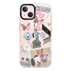 an iphone case with the statue of liberty and other things on it