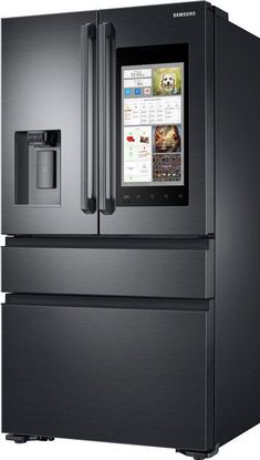 a samsung smart refrigerator with the app on it's display screen, in front of a white background