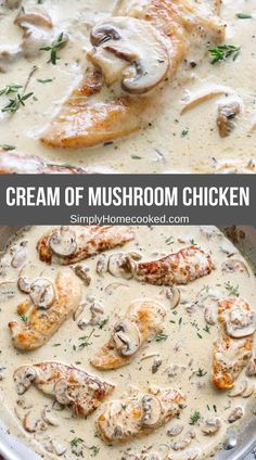 creamy mushroom chicken with cream sauce in a skillet and on the side is an image of