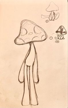 a pencil drawing of a mushroom and a bird