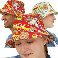 Recommended deadline for delivery by Christmas - Dec. 6 "Go Swifties!" 🏈 Featuring my original illustration of Taylor Swift in the style of Kansas Chief's logo & colors. Introducing our all-over print bucket hat, a great accessory to complete any outfit, while keeping you cool & shaded from the sun. - Available in 2 sizes- 100% Polyester- Made in the USA- Ships out in 3-5 business days Tap here to see all of my items featuring Taylor Swift! Thanks for shopping with us! Fun Adjustable Hat With Graphic Print, Fun Adjustable Graphic Print Hat, Fun Red Adjustable Bucket Hat, Fun Red Bucket Hat, Summer Cotton Hats With Graphic Print, Cotton Hats With Graphic Print For Summer, Cotton Summer Hat With Graphic Print, Retro Summer Hat With Graphic Print, Retro Summer Hats With Graphic Print