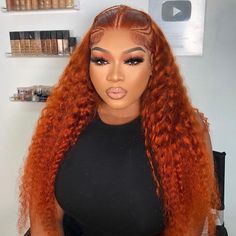 Hair Material 100% Human Hair Color Orange Ginger Density 180% Parting Mid Parted. Side or Free Part Allowed Hairline Pre Plucked With Baby Hair Lace Area 13x4 HD Lace Front Lace Type Transparent Hair Type Brazilian Remy Hair Texture Water Wave Glueless? Yes, Glueless Hair Lifespan 12-24+ month Can Be Permed Yes Can Be Dyed Yes, Darker Color Only Ginger Deep Wave Wig Black Women, Ginger Deep Wave Wig, Vacay Hairstyles, Wigs Ideas, Ginger Color, Real Hair Wigs, Ginger Hair Color