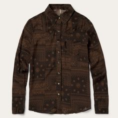 This women's long-sleeve Western-style shirt is crafted from soft, smooth 100% rayon and features our eye-catching all-over Bandana patchwork print. Authentic style features include a full snap front, single point deep curved front and back yokes, along with a single point left chest patch pocket. Lightweight and breathable, it has an easy, elegant fit that allows for freedom of movement. Single Point Deep Curved Front and Back Yokes Single Point Left Chest Patch Pocket 100% Rayon Imported Long Sleeve Shirt With Paisley Print For Fall, Patchwork Bandana, Western Style Shirt, Red Bandana, Patchwork Print, Fringe Jacket, Bandana Print, Mini Shirt Dress, Style Shirt