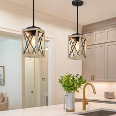 two lights hanging over a kitchen counter next to a potted plant on the sink