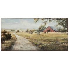 an oil painting of a farm scene with horses and cows grazing on the grass near a country road