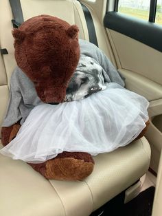 a brown teddy bear laying on top of a white dress in the back seat of a car