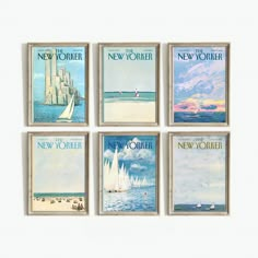 four new york travel posters are hanging on the wall in front of a white background