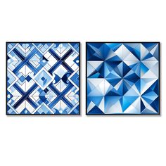 two blue and white abstract paintings on the wall