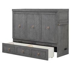 a large gray cabinet with two drawers and one door open to reveal the bottom drawer