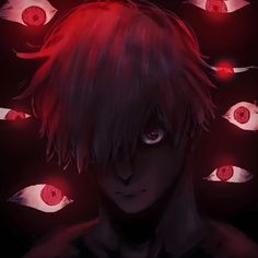 an anime character with red eyes surrounded by evil ones