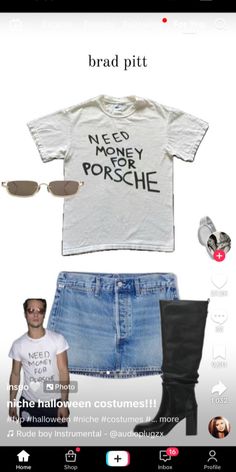 a white shirt and blue jean skirt with black boots, sunglasses and a t - shirt that says need money or poshe