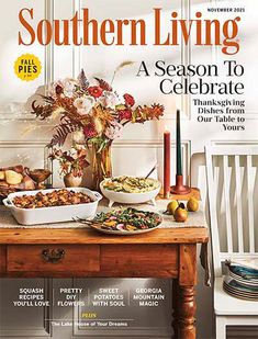 the cover of southern living magazine features a table full of food and flowers on it