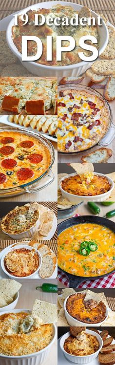 a collage of different types of pizzas and dips