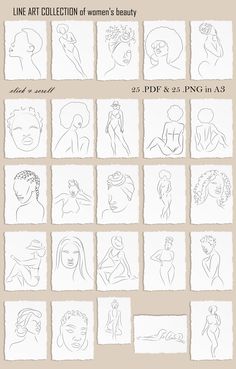 the line art collection of women's beauty is shown in various poses and sizes