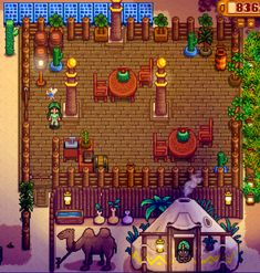 an image of a video game with animals and plants in the background, as well as some buildings