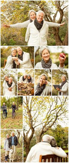 an older couple is posing for pictures in the woods with their hands out to each other