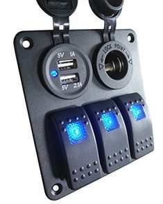 an electronic device with three blue lights on the front and two black buttons on the back