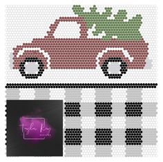 a car with a christmas tree on top is shown in the shape of a cross stitch pattern