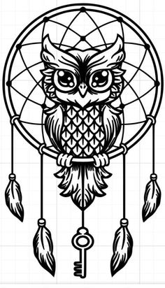 an owl with feathers and dream catcher on it's head is drawn in black ink