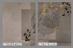 two paintings with different shapes and sizes, one has yellow leaves on it the other has grey background