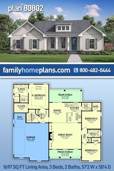 two story house plan with 3 bedroom and 2 bathrooms on the first floor, an attached garage