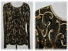 "1980s, early 90s evening blouse. Light weight black silk fabric embellished with gold sequins and glass beads. Body is lined with black polyester fabric Long sleeves are unlined. Scoop neckline. Fastens down the back with a nylon zipper. Label reads, \"Stenay, M, shell 100% silk, lining 100% polyester, made in India.\" Freshly laundered. Excellent condition.  Measurements: Shoulders = 17\" Bust = 36\" Waist = 30\" Hips = 40\" Sleeves = 23\" Length from top of shoulder to hem = 24.5\" All measur Formal Embellished Gold Tops, Vintage Embellished Evening Blouse, Gold Embellished Evening Blouse, Vintage Formal Top With Sequins, Vintage Formal Tops With Sequins, Vintage Gold Blouse For Party, Vintage Festive Evening Tops, Vintage Gold Tops For Night Out, Elegant Gold Top For Celebration